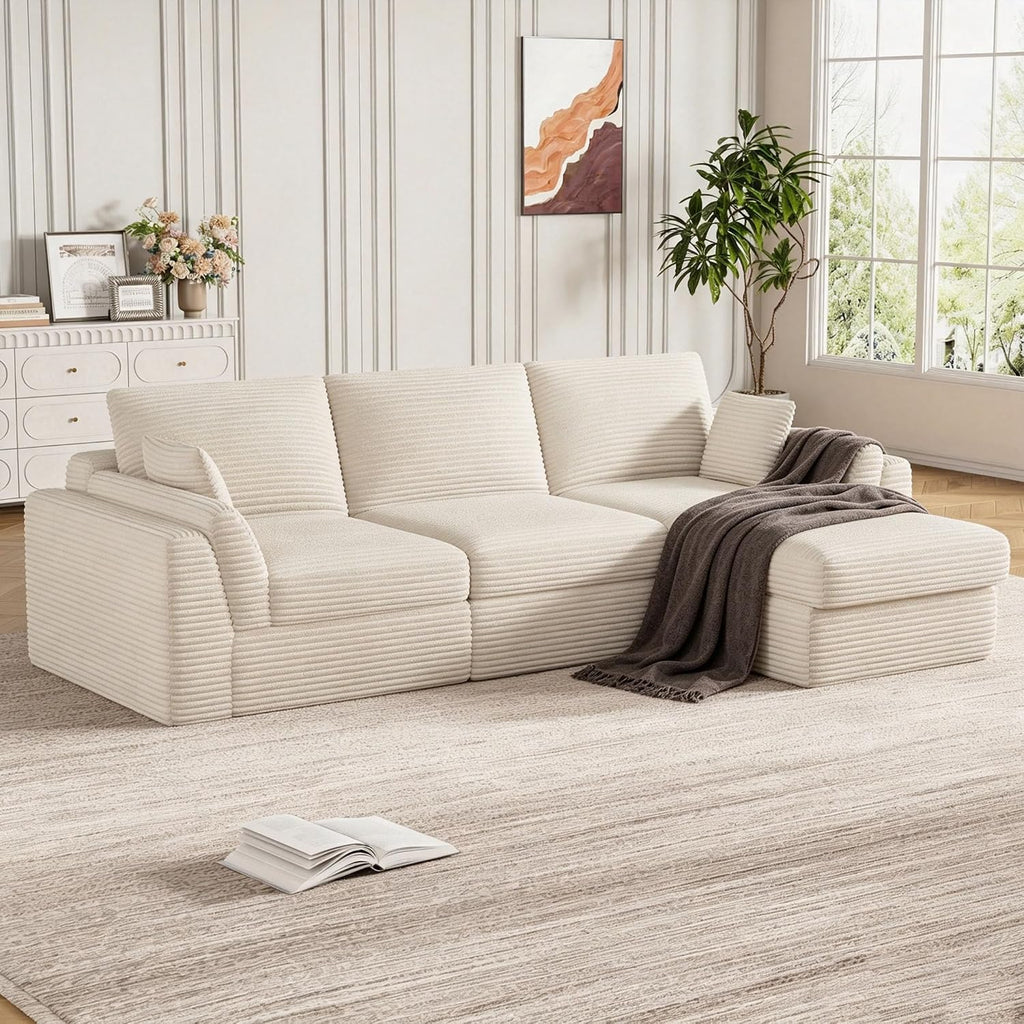 Vabches 106.6' Modular Sectional Sofa with Chaise, Comfy Cloud Sectional Couch, Modern L-Shape Corduroy Sofa with Deep Seat, Upholstered Couches for Living Room Bedroom,No Assembly Required (Beige)