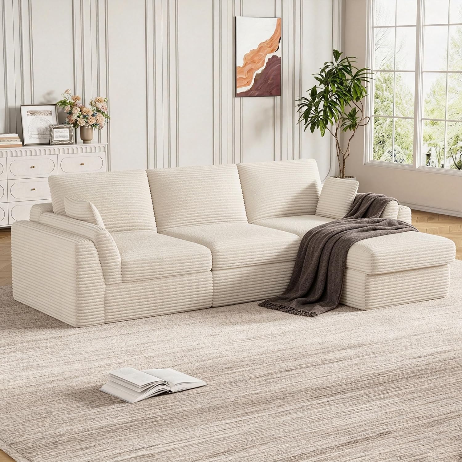 Vabches 106.6' Modular Sectional Sofa with Chaise, Comfy Cloud Sectional Couch, Modern L-Shape Corduroy Sofa with Deep Seat, Upholstered Couches for Living Room Bedroom,No Assembly Required (Beige)