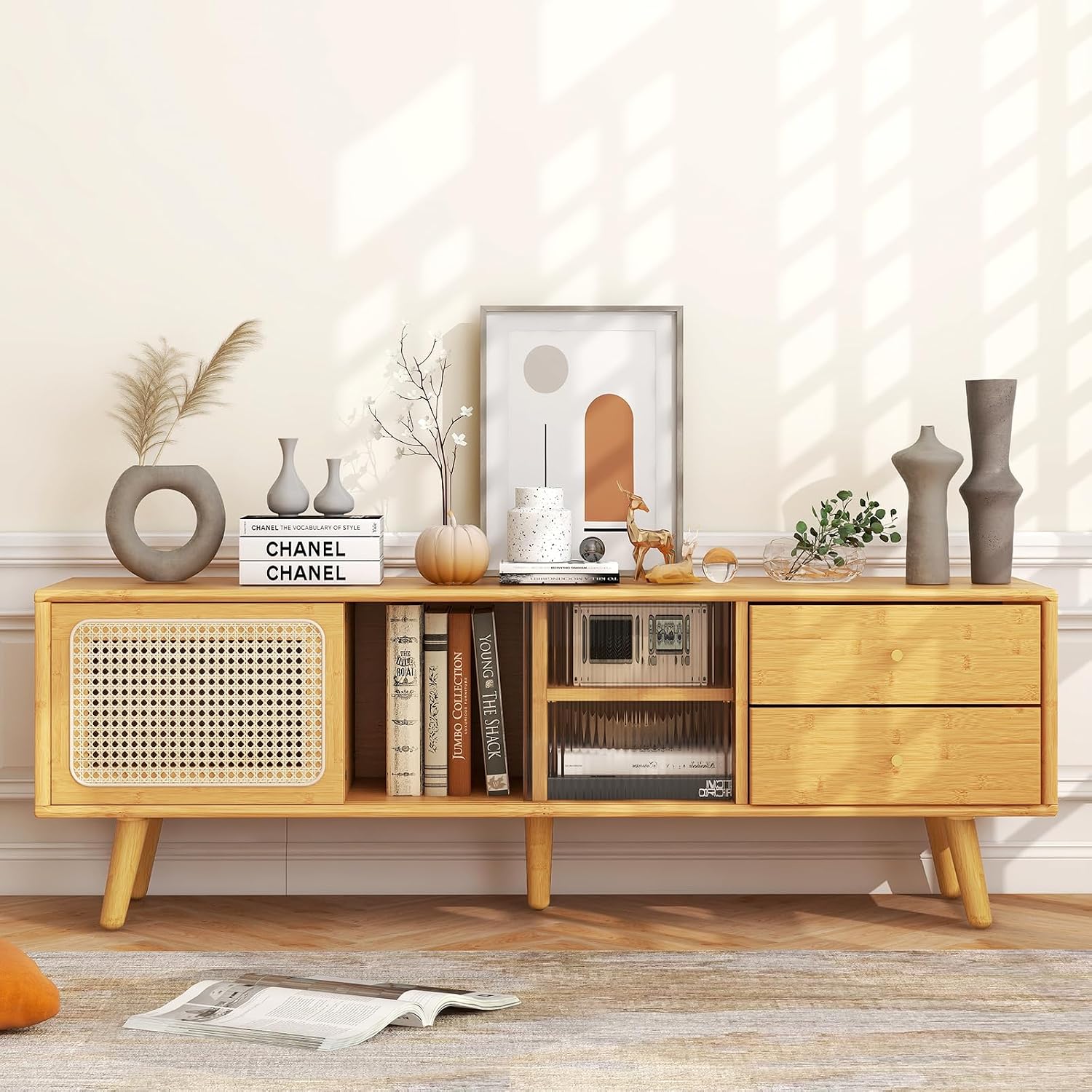 Tangkula Mid Century Modern TV Stand for TVs up to 65', Bamboo Entertainment Center w/Glass & PE Rattan Sliding Doors, 2 Drawers, Adjustable Shelf, Wood Legs, Media Console for Living Room