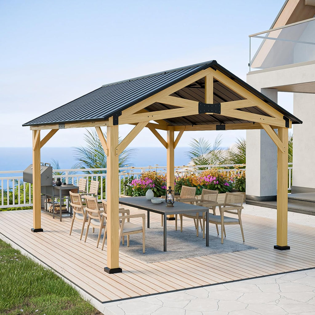 11x13 Hardtop Gazebo, Galvanized Steel Gable Roof Exposed Beam A-Frame Outdoor Pavilion with Cedar Wood Frame, Patio Gazebo for Deck, Garden, Lawn, Natural Wood/Black