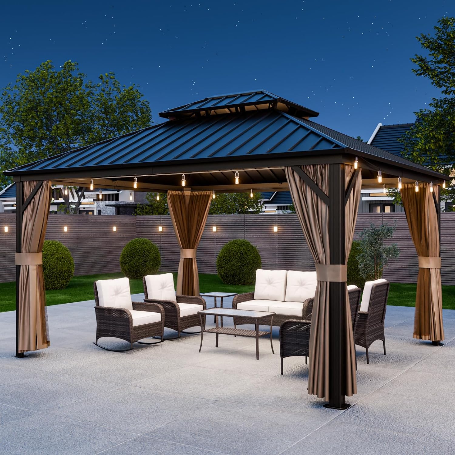 EAGLE PEAK 12x14 Hardtop Gazebo, Galvanized Steel Double Roof with Aluminum Frame, Outdoor Pavilion with Netting and Curtains for Patio, Deck, Lawn and Garden, Dark Brown/Tan