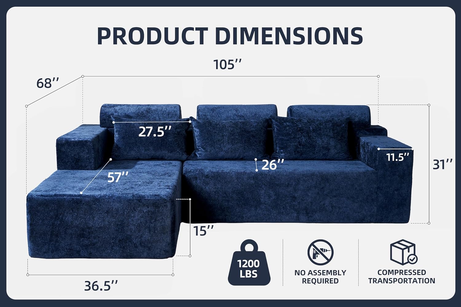 Homguava Modular Sectional Couches for Living Room,105' Cloud Couch with L-Shape Chaise,Comfy Sofa Living Room Couch with Deep Seat,No Assembly L Couch,Luxury Distressed Velvet(Blue,L)