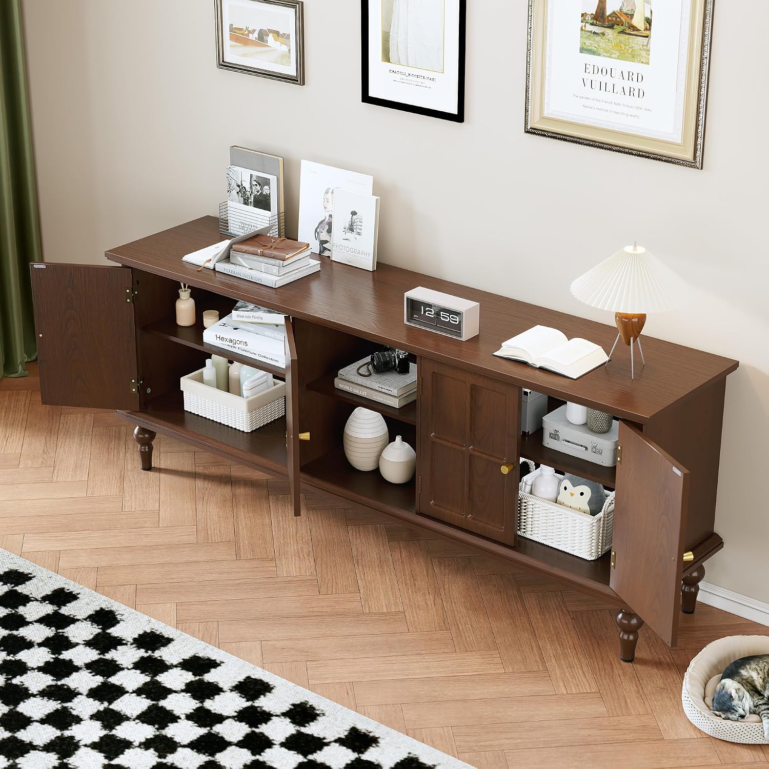3More 67' Mid Century Modern TV Stand with Window Design,Wood Entertainment Center with Open Shelf,Up to 70' Media TV for Living Room or Bedroom,Walnut