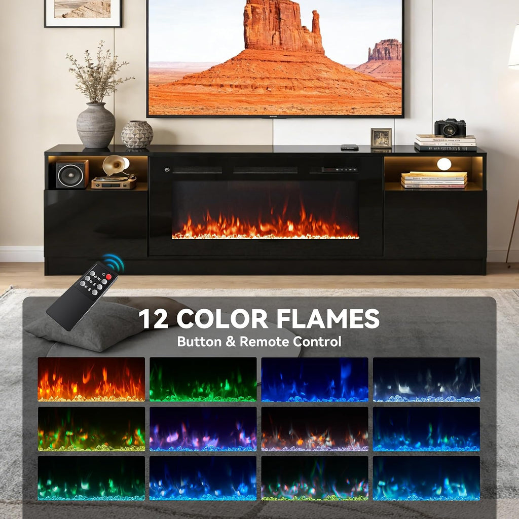 80' Fireplace TV Stand with 36' Electric Fireplace, LED Light Entertainment Center for TVs Up to 90', High-Gloss Door, Modern TV Console for Living Room with Storage Cabinet, Black+Black