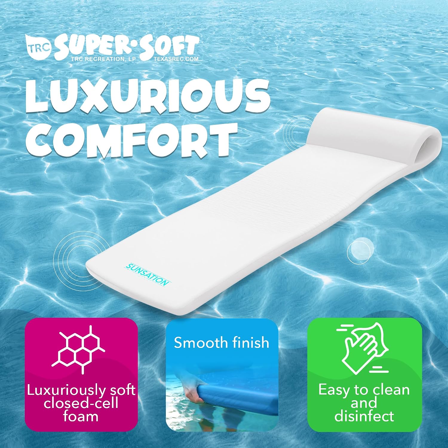 TRC Recreation Sunsation 1.75' Thick Foam Pool Float Lounger, White w/Headrest for Lounging & Sunbathing in Swimming Pools, Beaches & Lakes, 70' x 26'