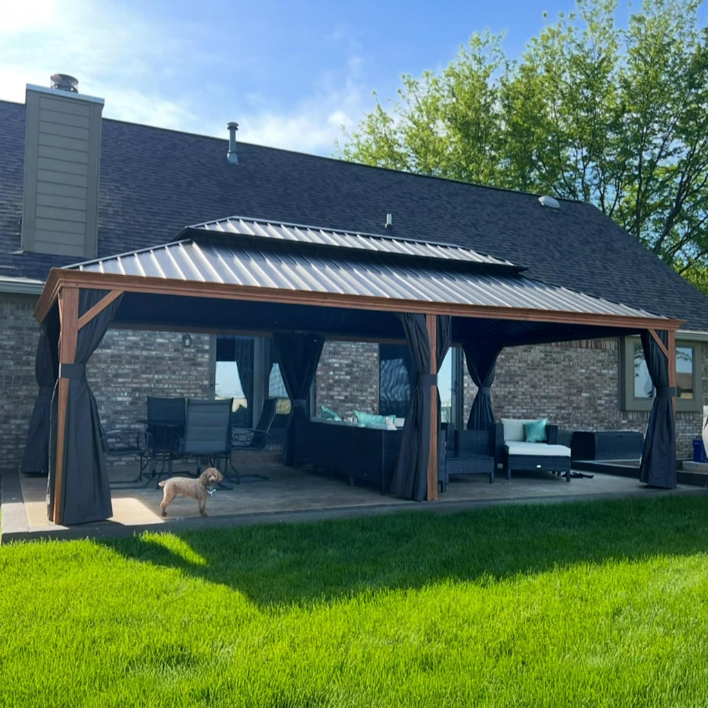 PURPLE LEAF 14' X 24' Outdoor Hardtop Gazebo for Patio Galvanized Steel Double Roof Permanent Canopy Teak Finish Coated Aluminum Frame Pavilion Gazebo with Netting and Black Curtains