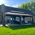 PURPLE LEAF 14' X 24' Outdoor Hardtop Gazebo for Patio Galvanized Steel Double Roof Permanent Canopy Teak Finish Coated Aluminum Frame Pavilion Gazebo with Netting and Black Curtains