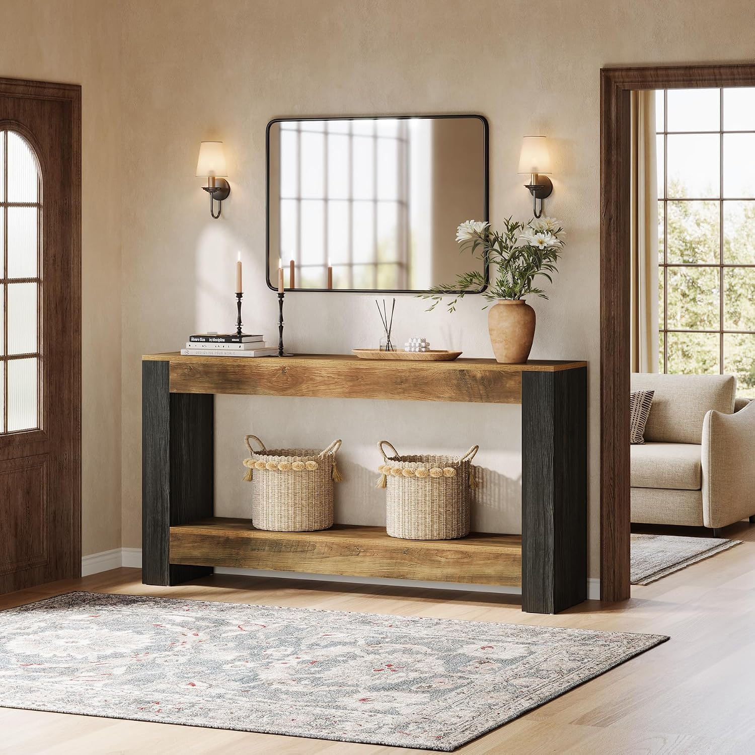 Tribesigns 63-Inch Long Console Table for Entryway, Farmhouse Wood Sofa Table Behind Couch for Living Room, Hallway, Entrance, Foyer, Rustic Brown & Black