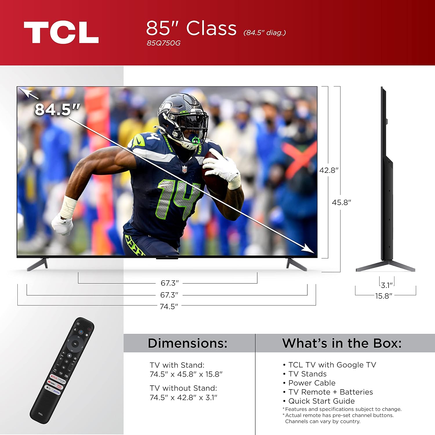 TCL 85-Inch Q7 QLED 4K Smart TV with Google TV (85Q750G, 2023 Model) Dolby Vision, Dolby Atmos, HDR Ultra, 120Hz, Game Accelerator up to 240Hz, Voice Remote, Works with Alexa, Streaming UHD Television