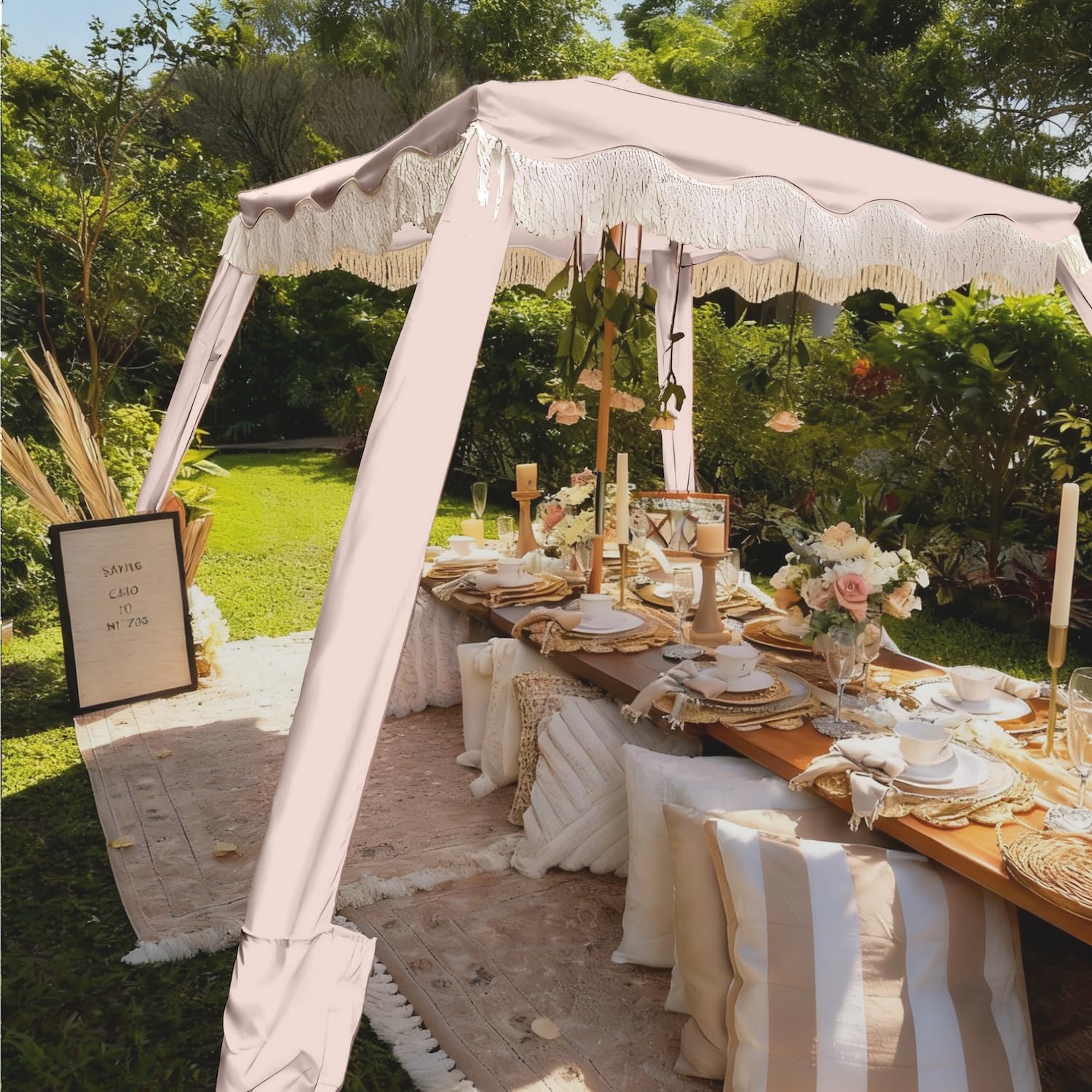 AMMSUN Beach Cabana with Fringe, 7' x 7' Boho Beach Canopy with Tassels, Easy Set up & Premium Wood Pole, Cabana Tent with Sand Pockets, Instant Sun Shade for Sand, Garden, Patio, Pink Coral