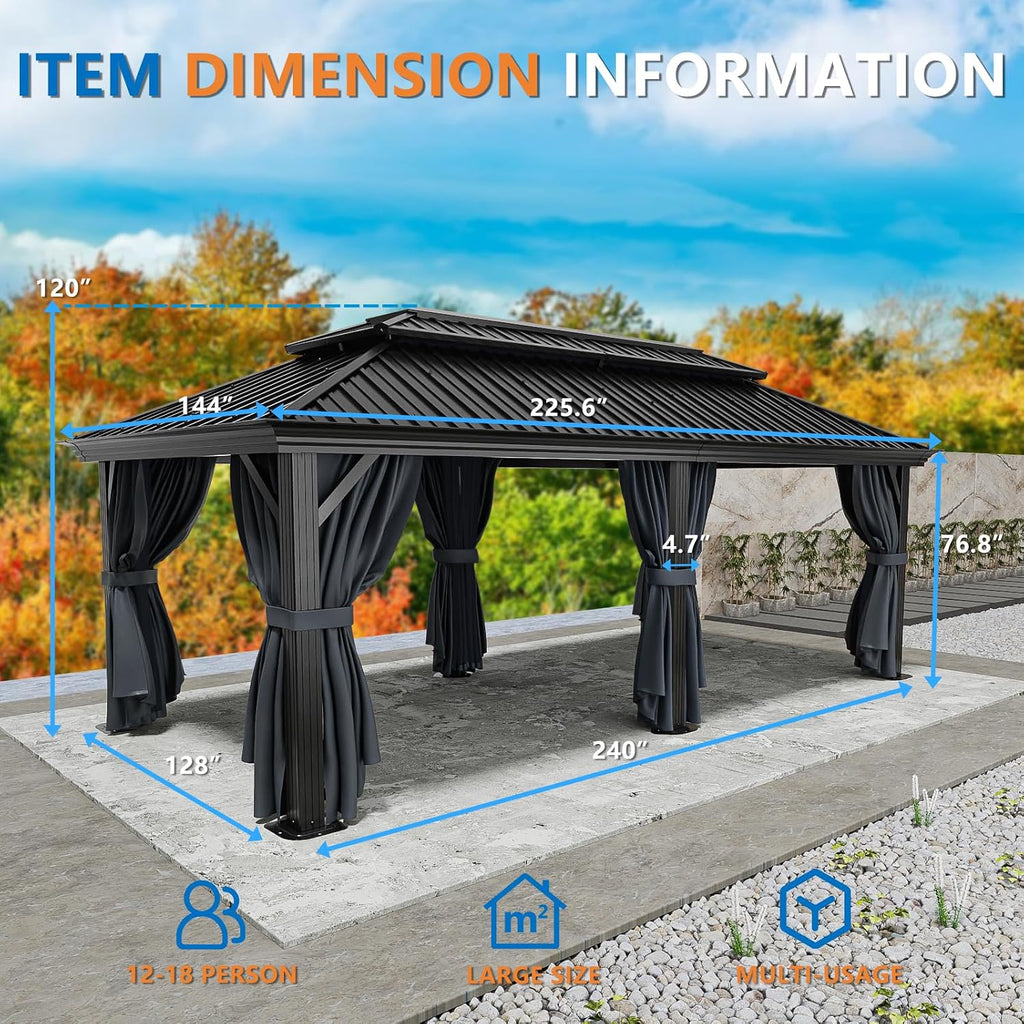 HOTEEL 12x20 Hardtop Gazebo with Metal Roof, Heavy Duty Galvanized Steel Gazebo with Reinforced Aluminum Frame, Flame-Resistant Curtains and Netting, Suitable for Gazebo 10x20, Black (Upgraded 1.0)