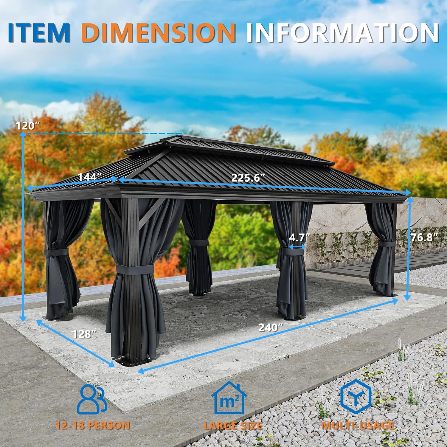 HOTEEL 12x20 Hardtop Gazebo with Metal Roof, Heavy Duty Galvanized Steel Gazebo with Reinforced Aluminum Frame, Flame-Resistant Curtains and Netting, Suitable for Gazebo 10x20, Black (Upgraded 1.0)
