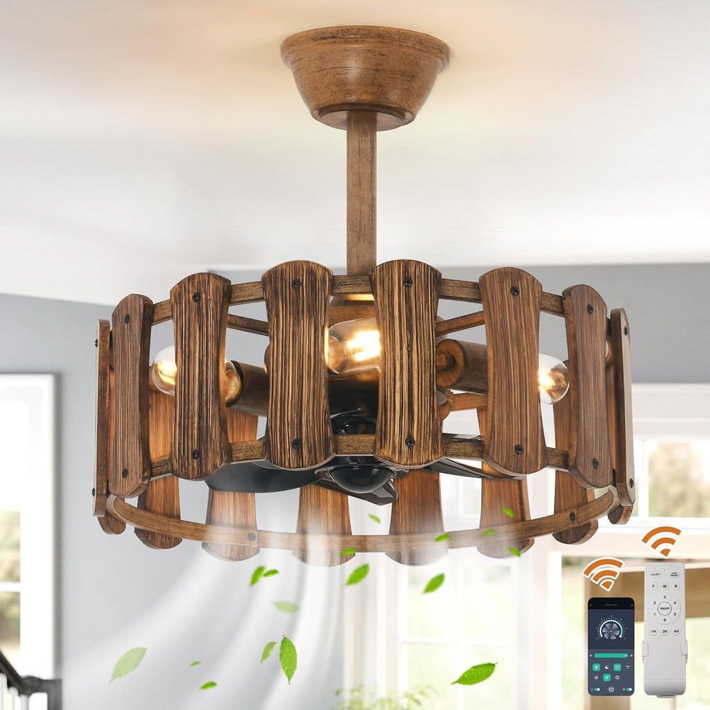 Garwarm 18in Caged Ceiling Fan with Light, Chandelier Farmhouse Ceiling Fans with Lights and Remote,Bladeless Rustic Fandelier Ceiling Fan for Kitchen, Bedroom（6 Speed, Timing）-Rustic Wood