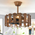 Garwarm 18in Caged Ceiling Fan with Light, Chandelier Farmhouse Ceiling Fans with Lights and Remote,Bladeless Rustic Fandelier Ceiling Fan for Kitchen, Bedroom（6 Speed, Timing）-Rustic Wood