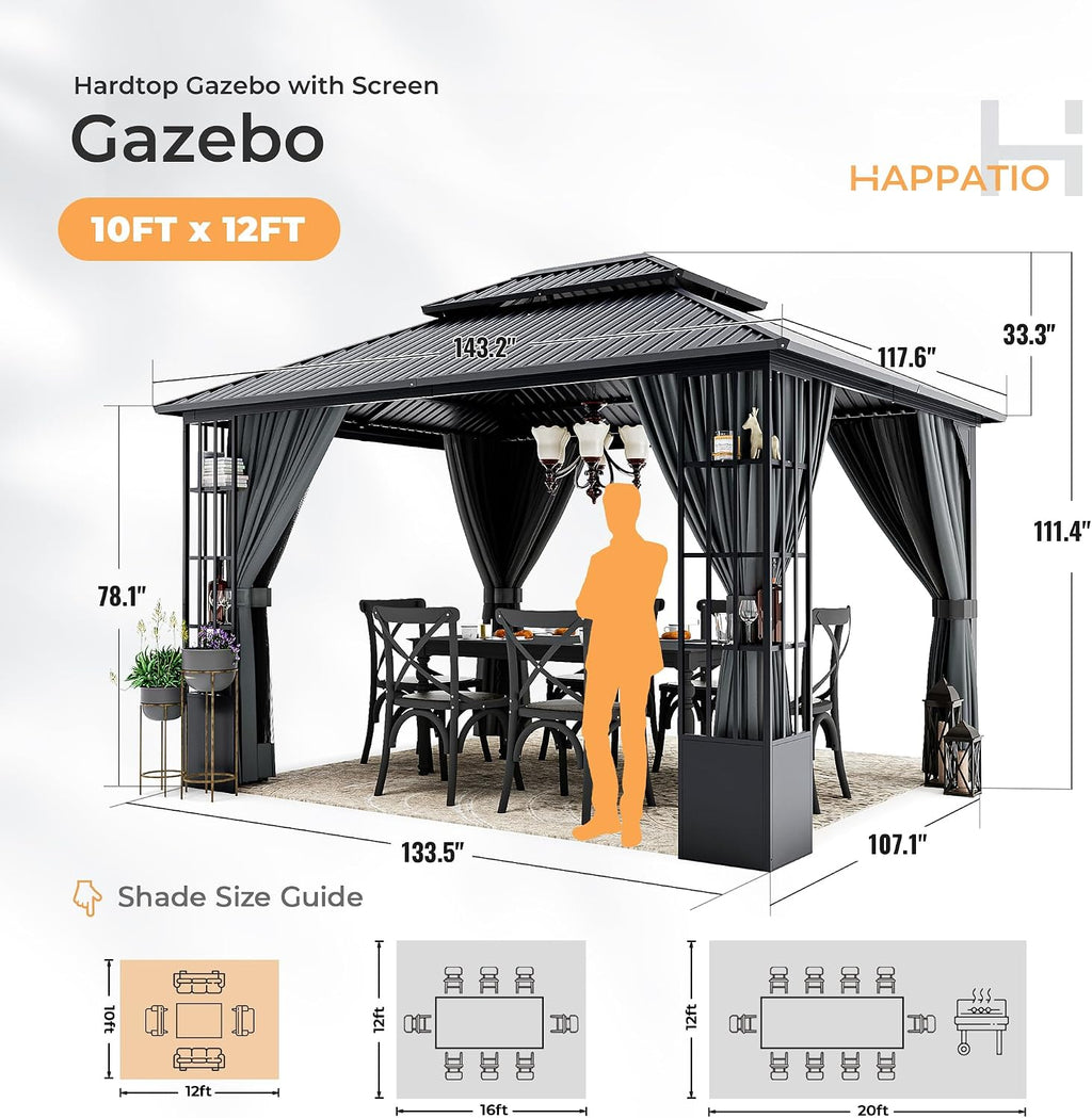 HAPPATIO 10' x 12' Hardtop Gazebo, Outdoor Gazebo with Netting and Curtains, Double Roof Permanent Patio Metal Canopy with Storage Shelf for Patio, Deck, Backyard (Gray)