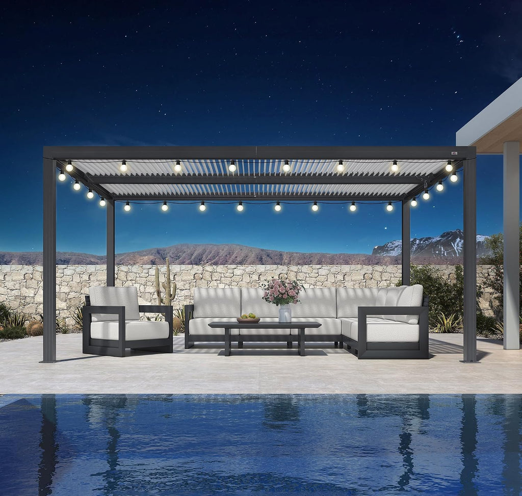 PURPLE LEAF Louvered Pergola 10' x 16' Outdoor Aluminum Pergola with Hidden Drainage System and White Adjustable Sun Shade Roof Patio Hardtop Large Pergolas with Light for Patio Poolside Spa