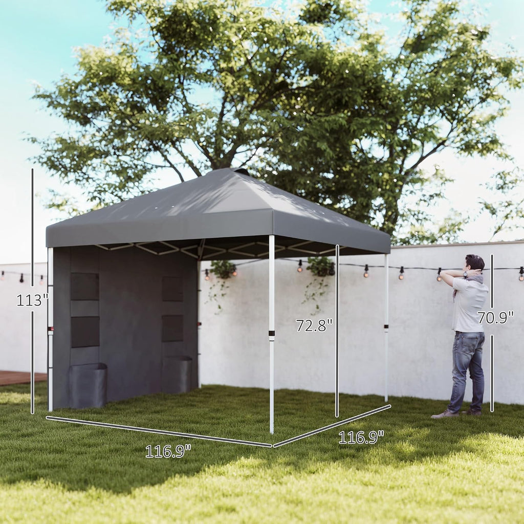 Outsunny 10' x 10' Pop Up Canopy Tent with Sidewall, UPF50+ Instant Sun Shelter with Storage Pockets, Vented Roof for Parties, Height Adjustable, Carry Bag, Sand Bags for Outdoor Patio, Dark Gray