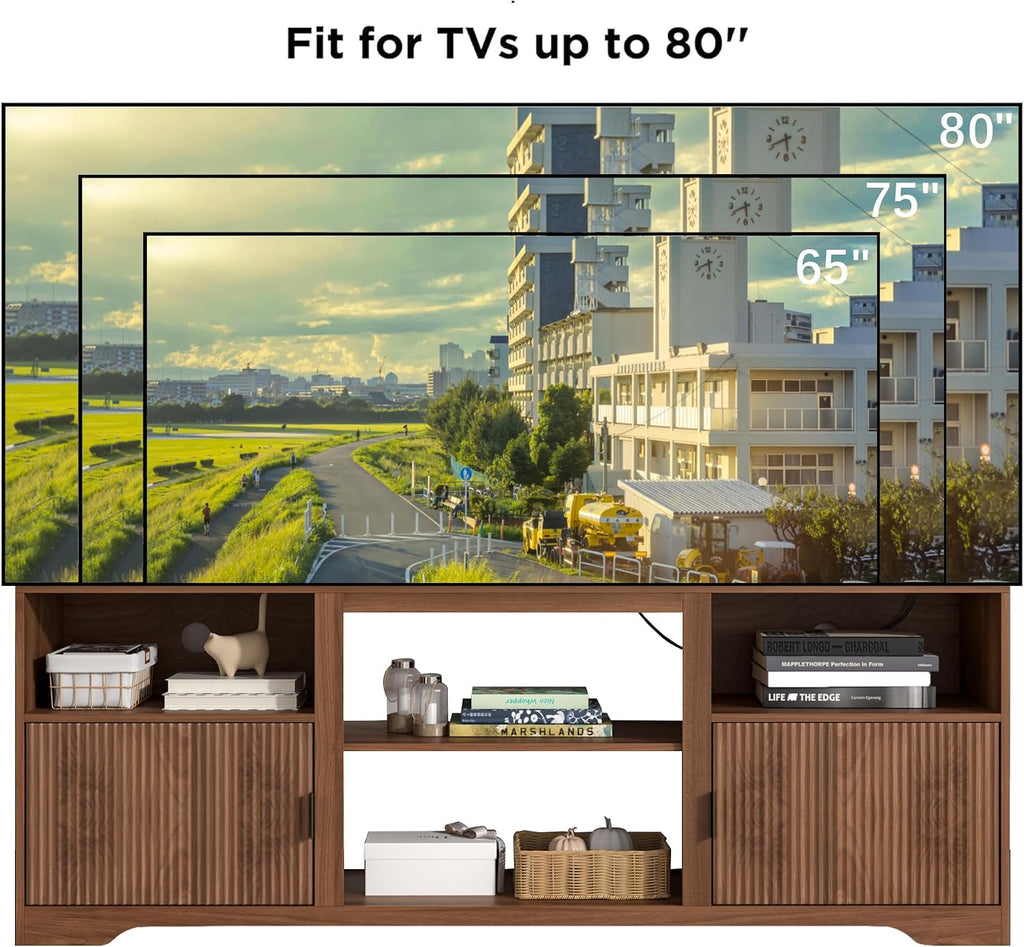 Fluted TV Stand for Tvs up to 80',Mid Century Modern TV Stand with Open Adjustable Shelf,Entertainment Center Wood TV Media Console with Cord Holes for Living Room Furniture Bedroom,Walnut