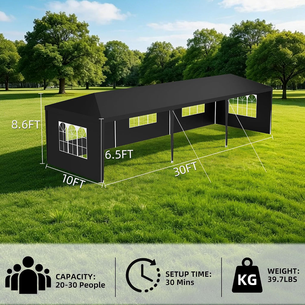 10x30 Party Tent Heavy Duty Outdoor Canopy Tents for Parties with 5 Removable Sidewalls Outside Large Gazebo Shelter Carpas para Fiestas for Backyard Patio Events Wedding BBQ, Black