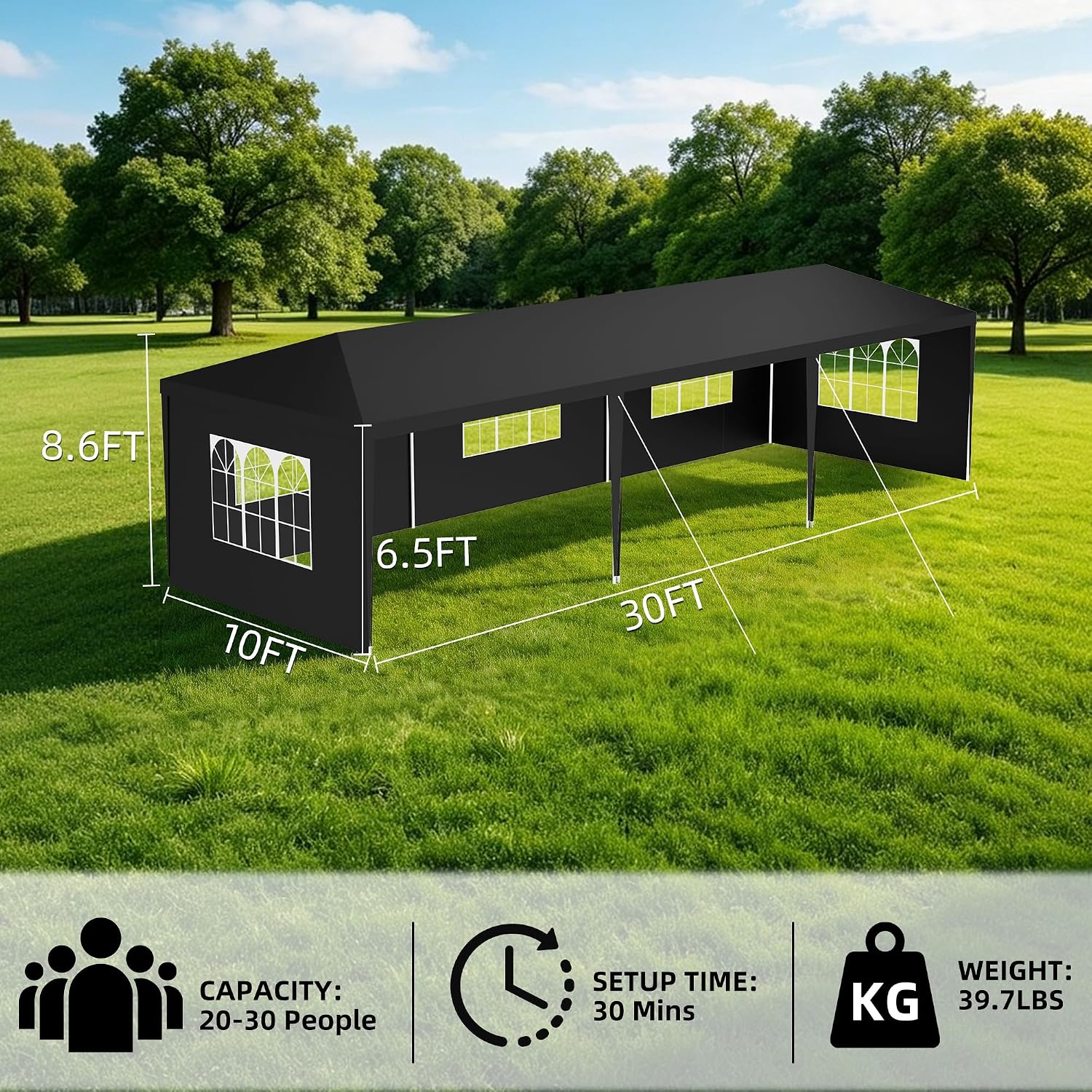 10x30 Party Tent Heavy Duty Outdoor Canopy Tents for Parties with 5 Removable Sidewalls Outside Large Gazebo Shelter Carpas para Fiestas for Backyard Patio Events Wedding BBQ, Black