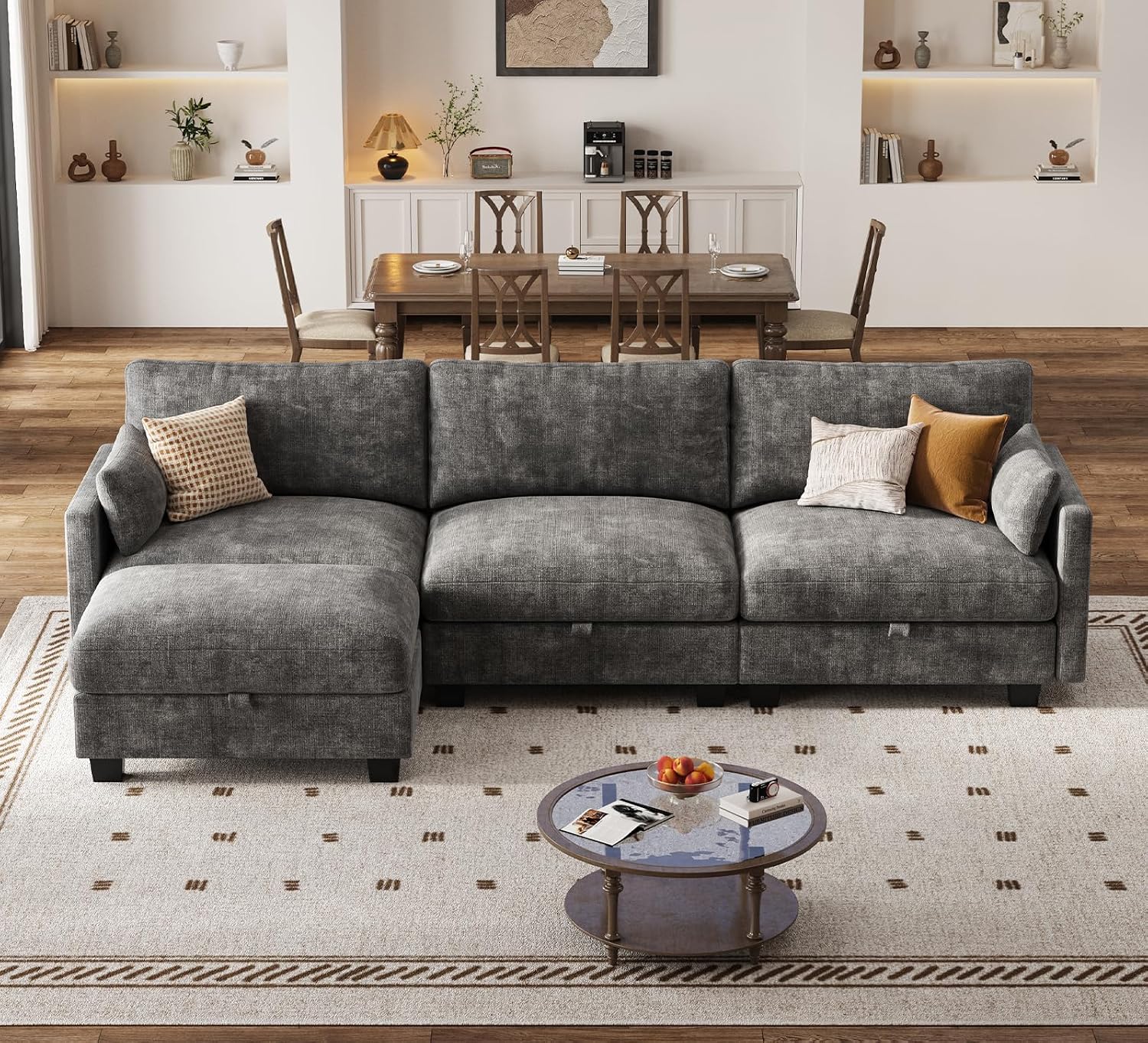 Modular Sectional U Shaped Sofa Couches for Living Room, Cloud Couch with Storage Ottoman, Comfy Chenille Sofa with Pillow, Dark Gray