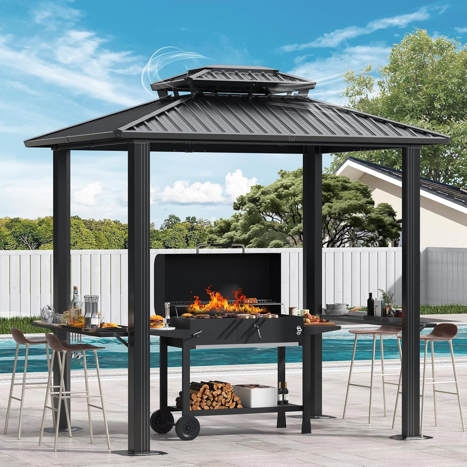 COBIZI 6x8ft Hardtop Grill Gazebo,Outdoor Aluminum BBQ Gazebo,Black