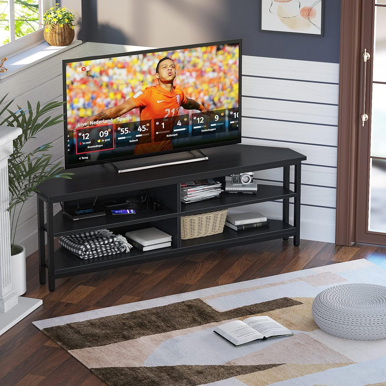 Unikito Corner TV Stand With Power Outlet, Corner Entertainment Center Corner TV Table With 4 Open Storage Corner TV Cabinet Wood TV Stand For Living Room,Bedroom Corner TV Stand For 55 inch TV, Black