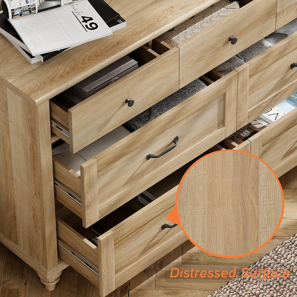 WAMPAT Dresser TV Stand for 65 Inch TV, Farmhouse TV Console Table Entertainment Stand with 7 Drawers, Wooden Media Storage Dresser for Living Room Bedroom, Oak, 54 Inch