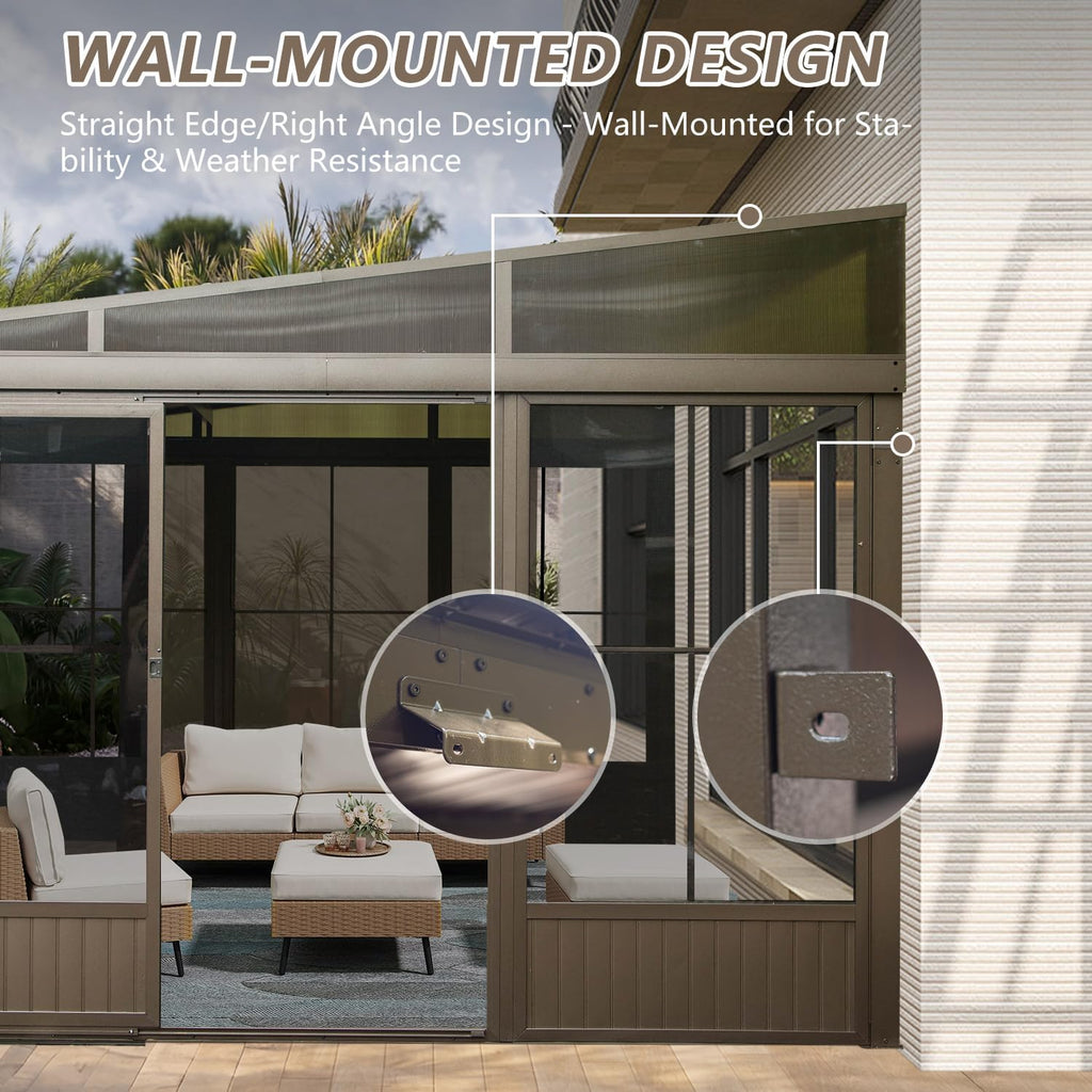 Domi 12x14FT Wall-Mounted Sunroom Gazebo, Aluminum Solarium with Galvanized Steel Sloping Roof, Detachable PVC Screens, Front & Side Sliding Doors, Outdoor Sun Room Lean to Gazebo for Patio Deck Lawn