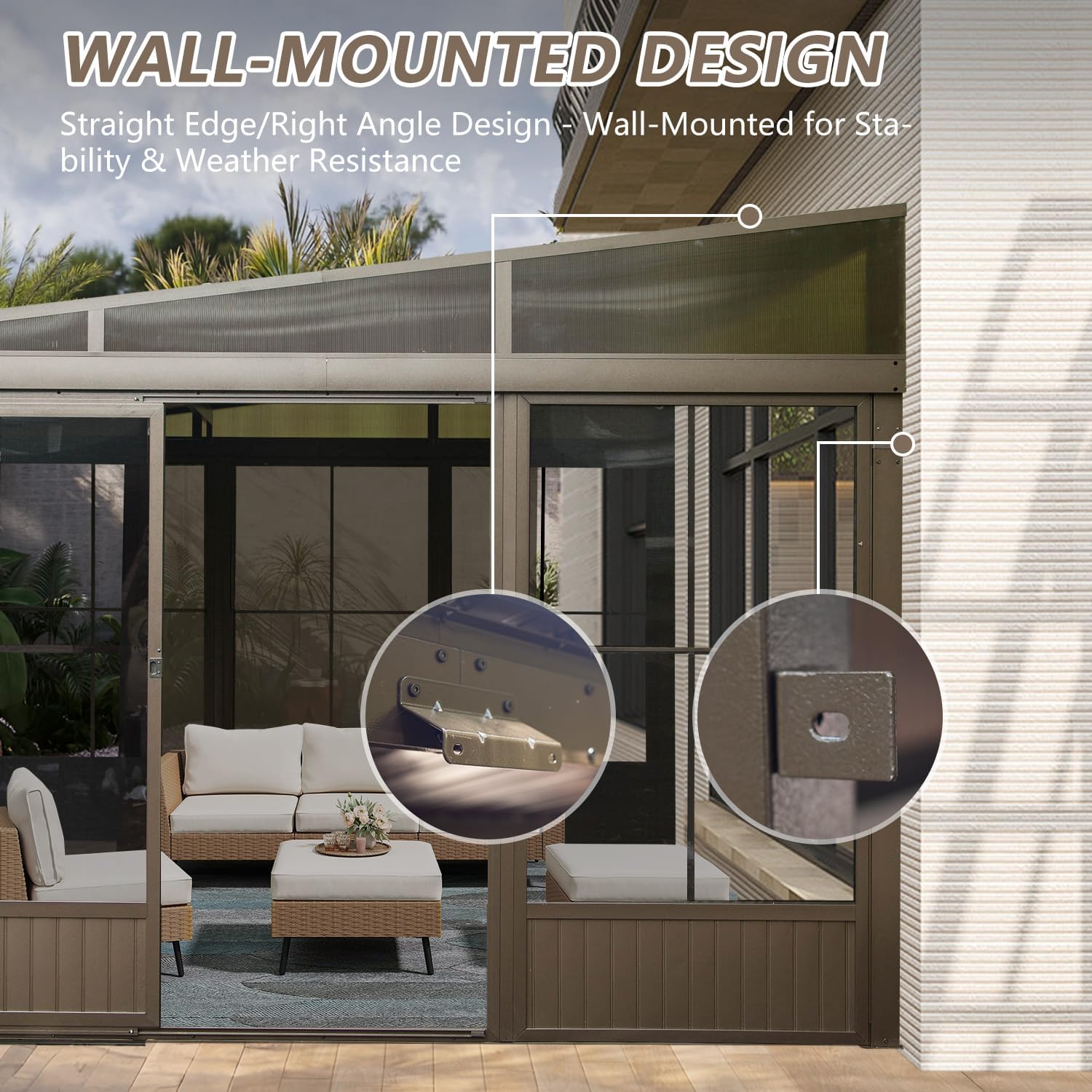 Domi 12x14FT Wall-Mounted Sunroom Gazebo, Aluminum Solarium with Galvanized Steel Sloping Roof, Detachable PVC Screens, Front & Side Sliding Doors, Outdoor Sun Room Lean to Gazebo for Patio Deck Lawn