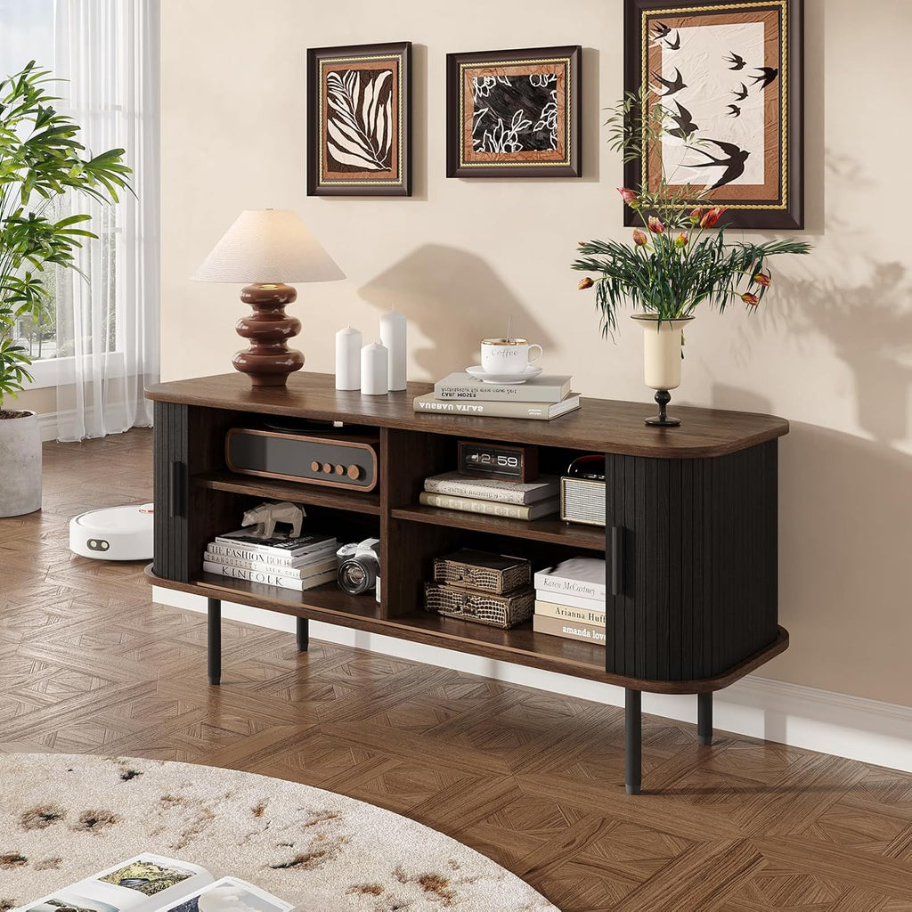 47' Modern Fluted TV Stand for TVs up to 60 Inch , Gaming Entertainment Center with Tambour Slatted Sliding Doors and Storage Cabinet, Media TV Consoles Table for Living Room, Office, Black