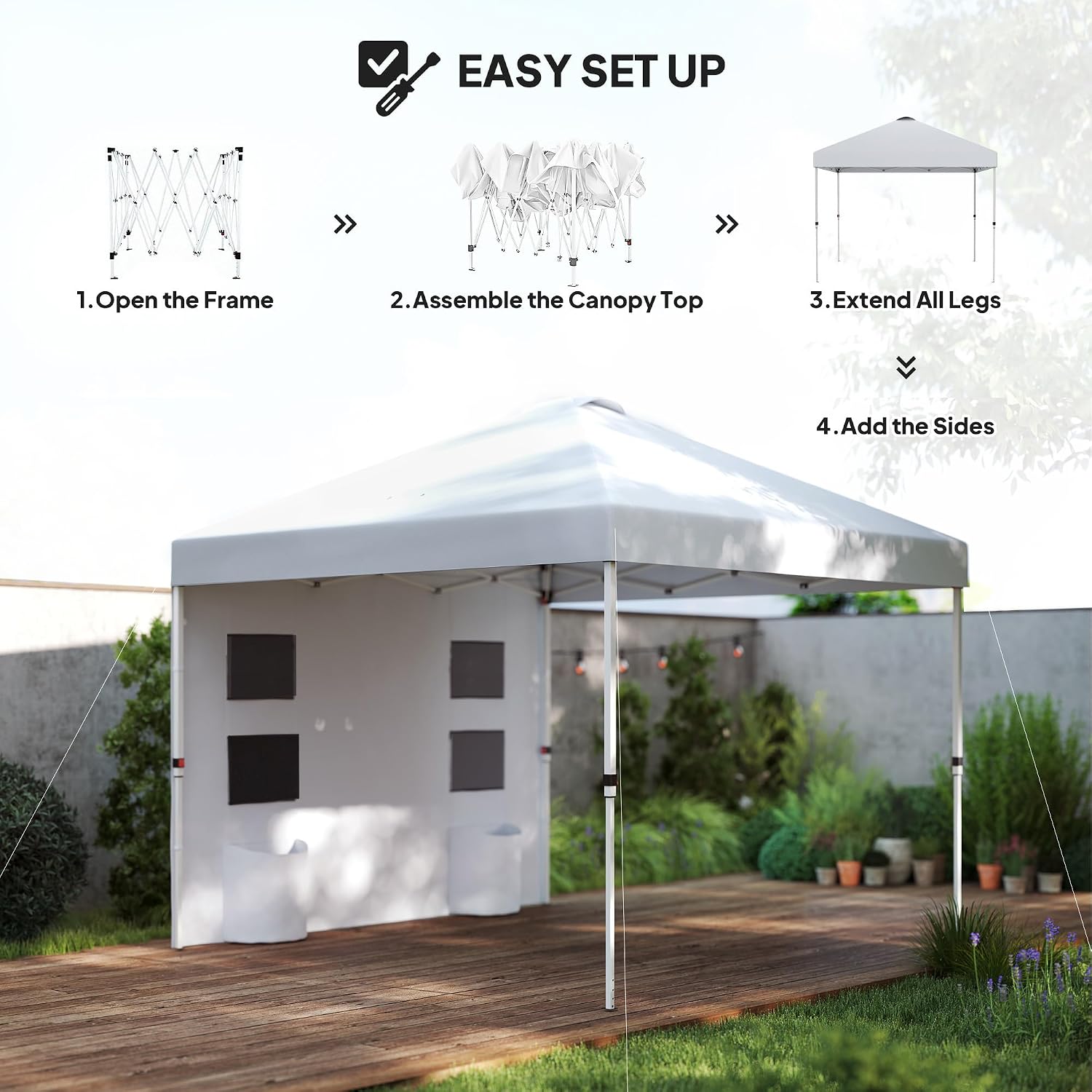 Outsunny 10' x 10' Pop Up Canopy Tent with Sidewall, UPF50+ Instant Sun Shelter with Storage Pockets, Vented Roof for Parties, Height Adjustable, Carry Bag, Sand Bags for Outdoor Patio, White