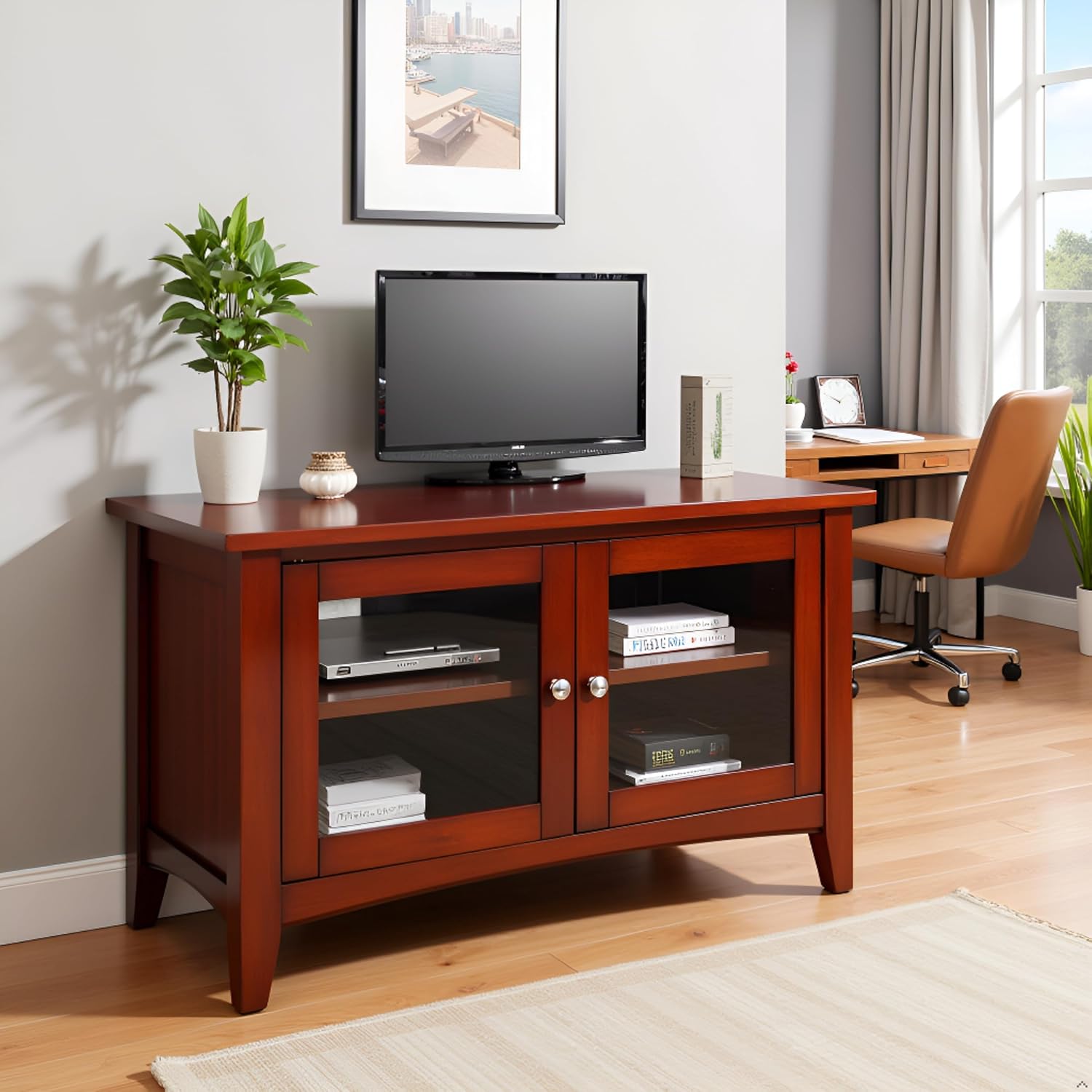 Shaker Cottage 36-Inch TV Stand Cabinet – Glass Door Media Console with Adjustable Shelves, Beadboard Accent, and Storage Organizer for Living Room, Bedroom, or Office by Alaterre Furniture (Cherry)