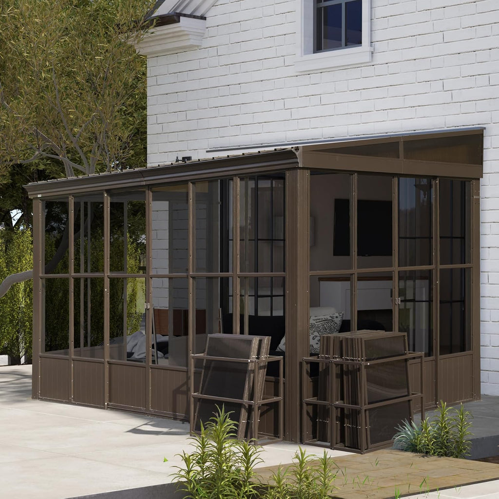 Domi 8x12FT Wall Mounted Sunroom All Season, Patio Small Solarium with 3 Sliding Double Doors, Enclosed Aluminum Lean to Gazebo with Galvanized Steel Roof, Detachable PC Windows for Deck, Backyard