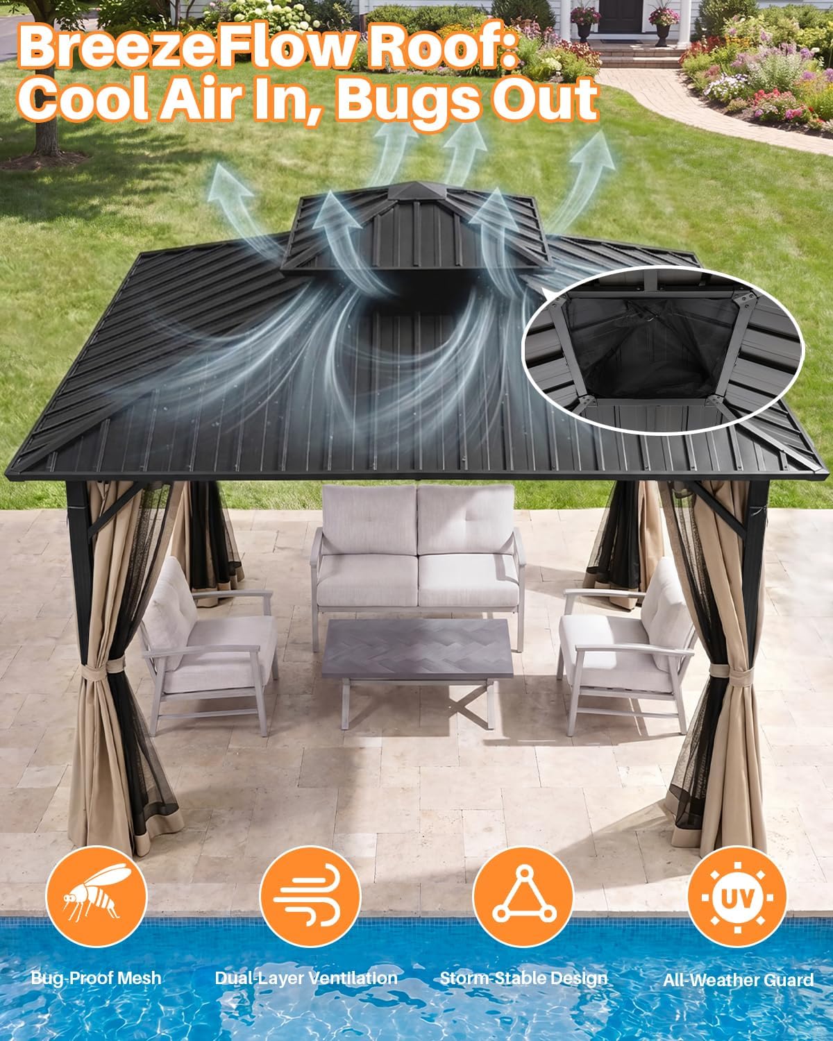10' x 10' Hardtop Gazebo, Aluminum Frame Outdoor Patio Gazebos with Netting and Curtains, Outdoor Gazebo Canopy, Patio Pergola with Double Steel Roofs for Backyard, Patio, Deck, Sandstone