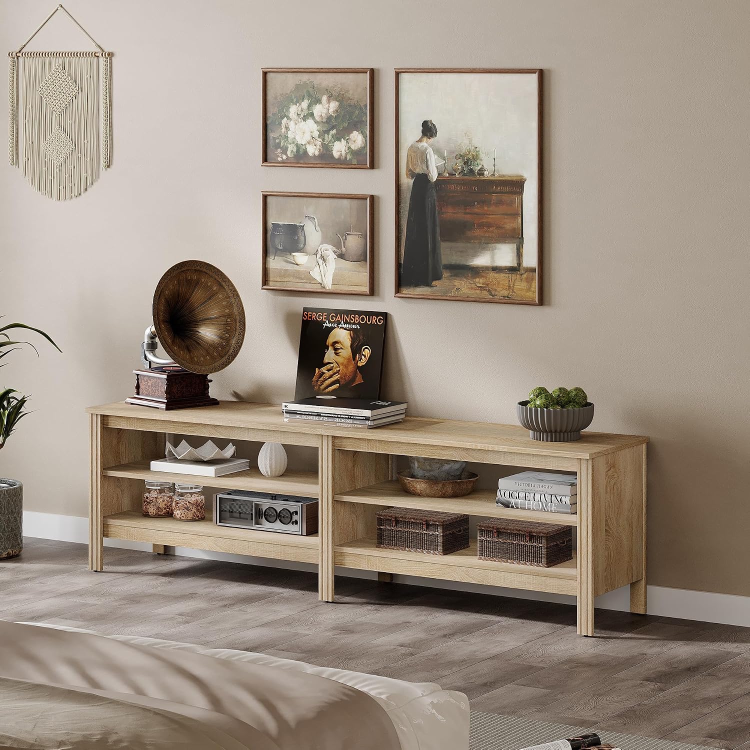 WAMPAT Modern TV Stand for 75 Inch TV, Entertainment Center for 55 60 65 70 inch TV Console Table with 4 Cubby Storage for Living Room Bedroom, Oak