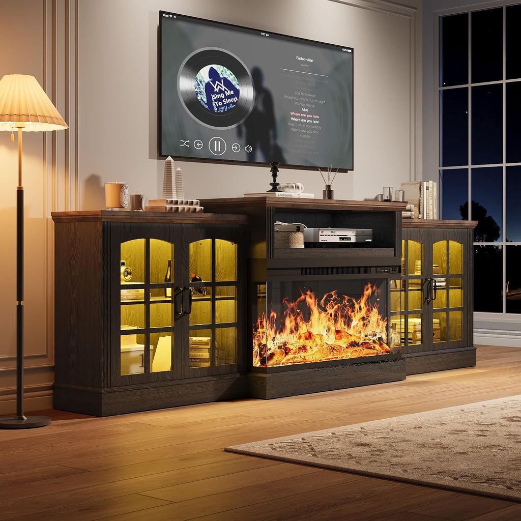97' Fireplace TV Stand with 36' Electric Fireplace, Farmhouse Entertainment Center for TVs up to 100', Media Console Table with Large Storage Cabinets, for Living Room, Black