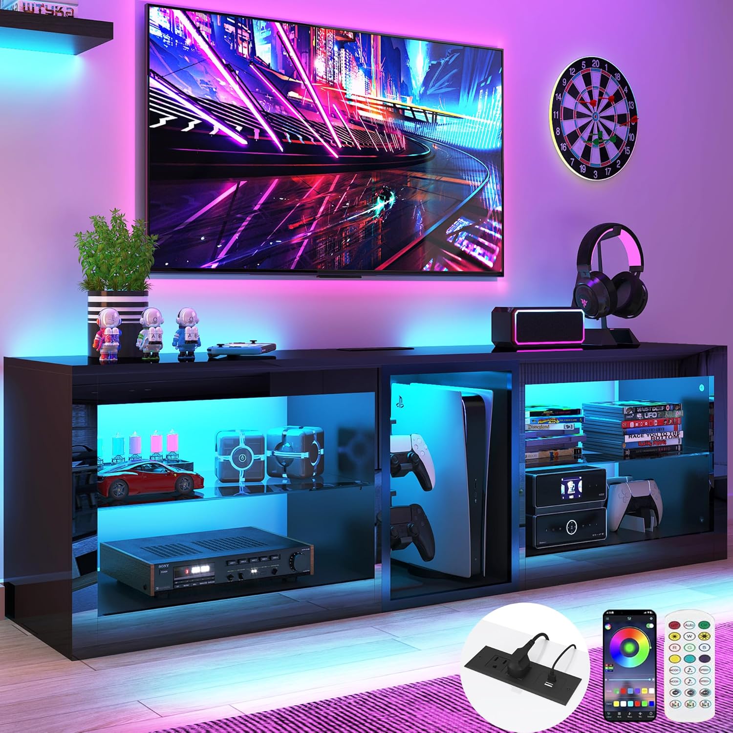 Vinctik 6&Fox LED TV Stands w/Power Outlet,60,00-Colors Lighting for 60 65in TV, 55' Modern High Gloss Entertainment Center,TV Console W/Adjustable Glass Shelves for Living Room Game Bedroom (Black)