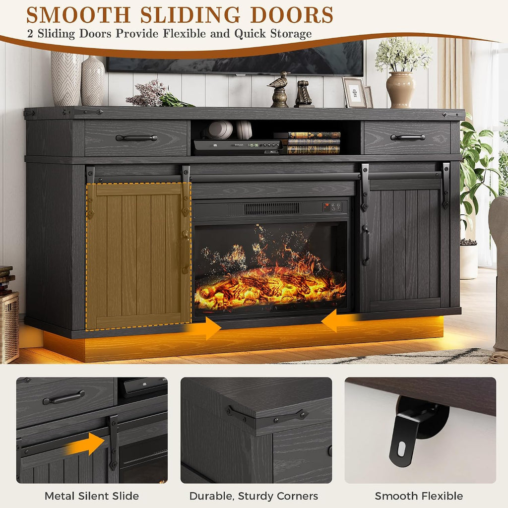 Fireplace TV Stand for TVs up to 65', Electric Fireplace with 3D Flame, Farmhouse LED Light Entertainment Center with Sliding Barn Door, Media Console with Storage Cabinets for Living Room (Black)