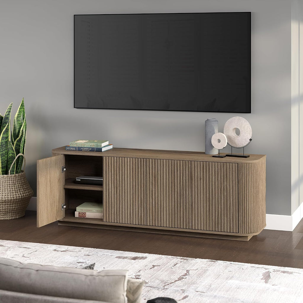 Henn&Hart Fluted TV Stand for TVs up to 75' with 2 Storage Cabinets with an Adjustable Shelf for Living Room, Family Room, or Office, Weathered Gray