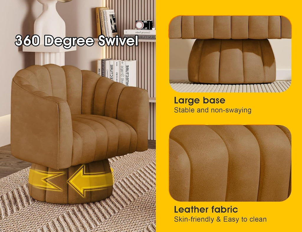 Dewhut Swivel Accent Chair, 360° Swivel Barrel Chair with Armrest, Faux Leather Upholstered Single Sofa Reading Chair for Living Room,Bedroom,Waiting Room(Brown)