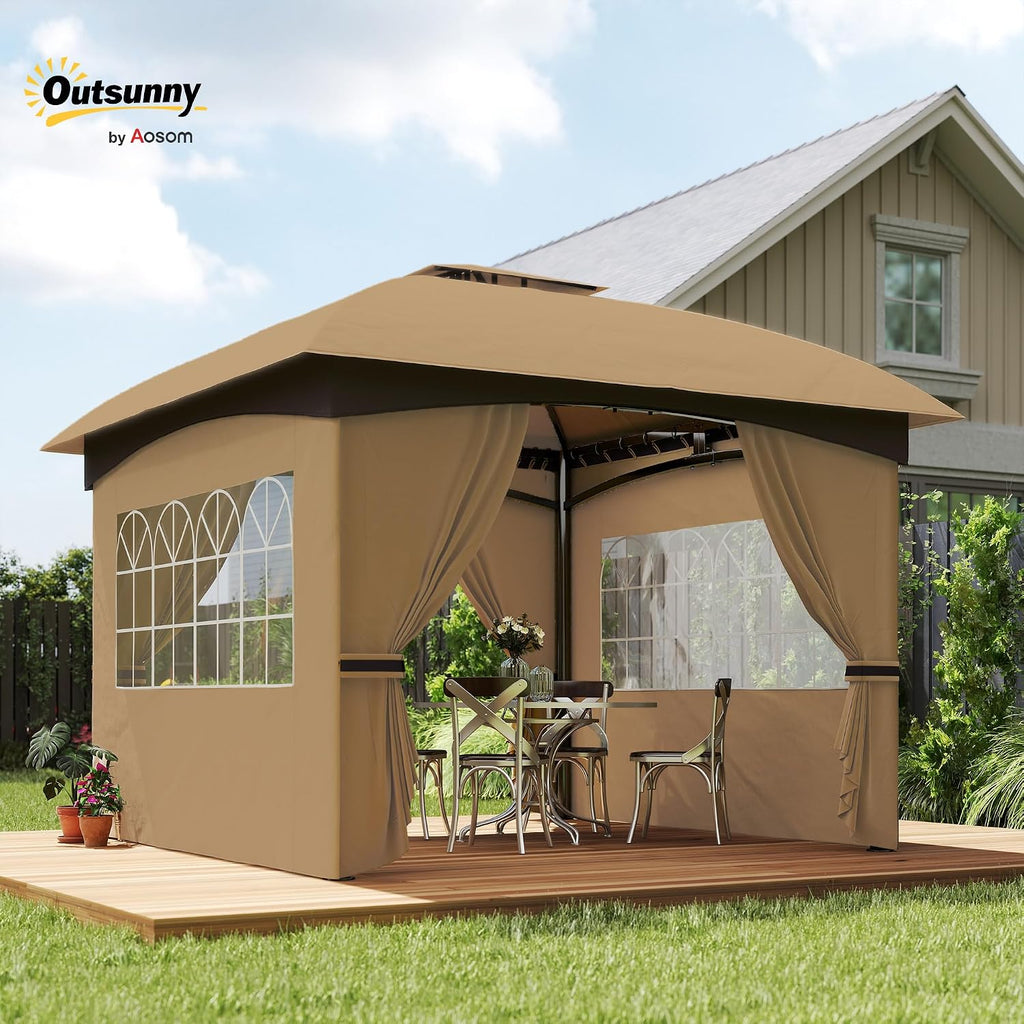 Outsunny 11' x 11' Outdoor Gazebo, Arc Patio Gazebo Canopy Shelter, UV Protected, with Curtains, Church Windows, Double Roof, Galvanized Steel Frame for Lawn, Backyard and Deck, Beige