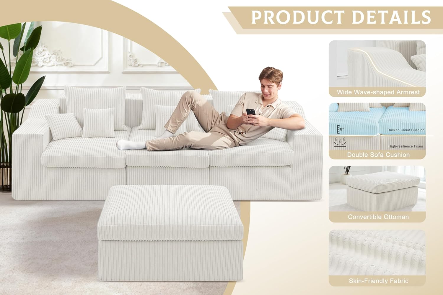 101' Modular Couch Sectionals with Ottoman, Big Comfy Cloud Couches, L Shaped 4 Seat Modular Sectional Sofa, Sectional Double Cushion Couches with Deep Seat for Living Room,No Assembly Required(Beige)