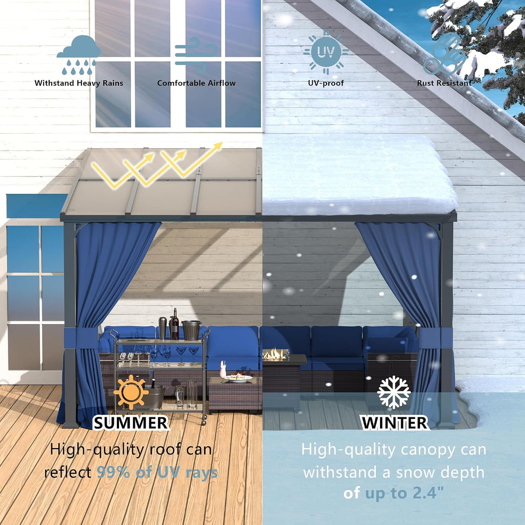 Kurapika 10' x 14' Wall Mount Gazebo Outdoor Pergola, Hardtop Lean to Gazebo Canopy Awnings with Sloped Roof and Sturdy Steel Frame, for Patio, Porch, Deck, Backyard(Navy Blue)