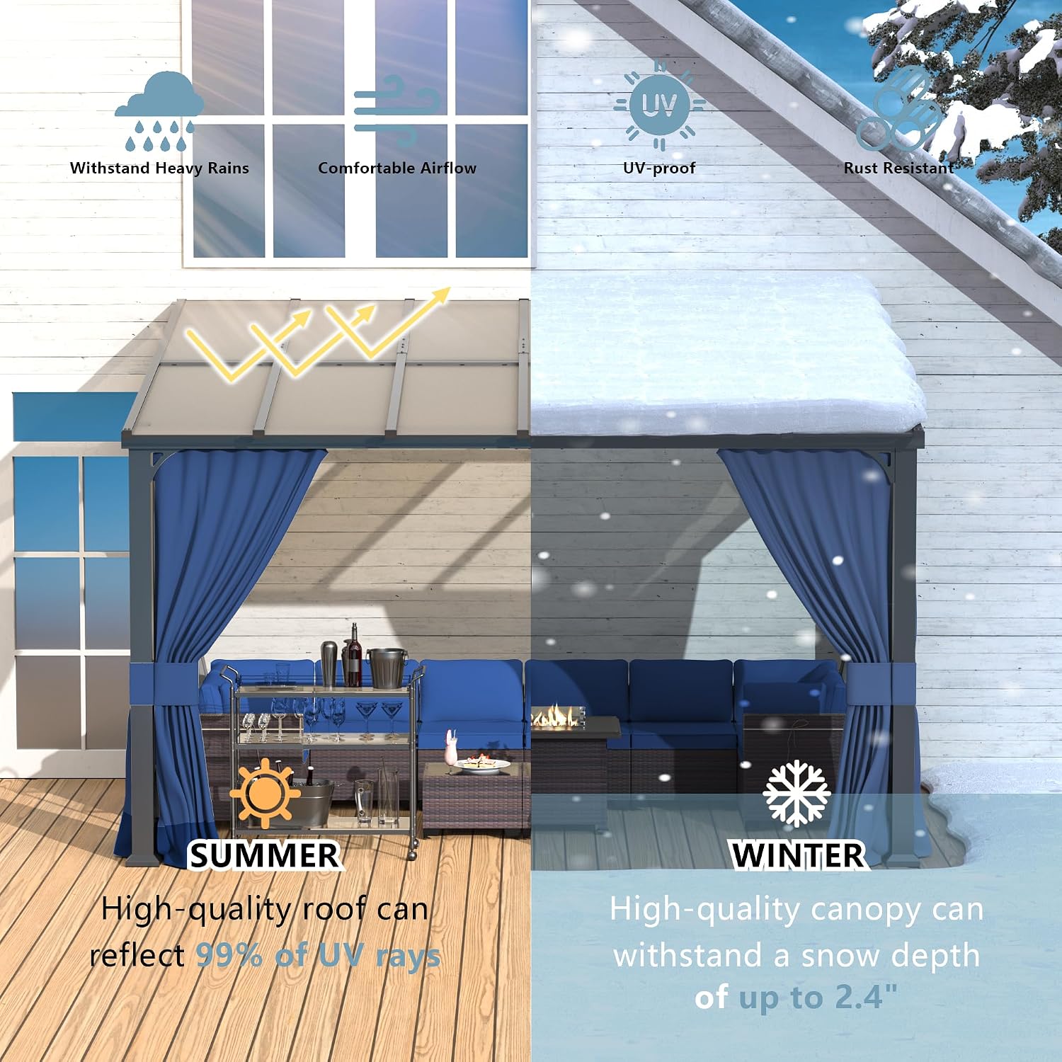Kurapika 10' x 14' Wall Mount Gazebo Outdoor Pergola, Hardtop Lean to Gazebo Canopy Awnings with Sloped Roof and Sturdy Steel Frame, for Patio, Porch, Deck, Backyard(Navy Blue)