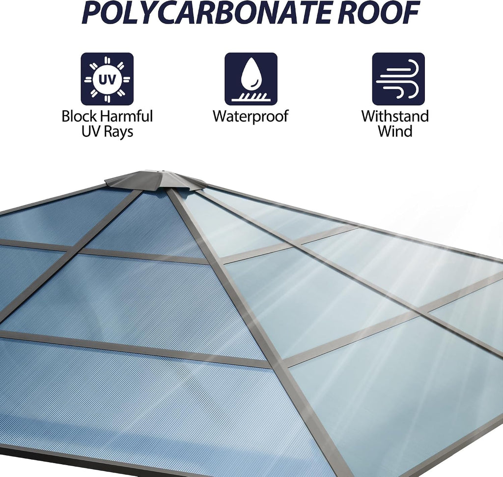 10'x10' Hardtop Gazebo, Outdoor Polycarbonate Roof Gazebo Metal Frame Permanent Pavilion with Netting & Curtains for Garden, Patio, Lawns(Grey)