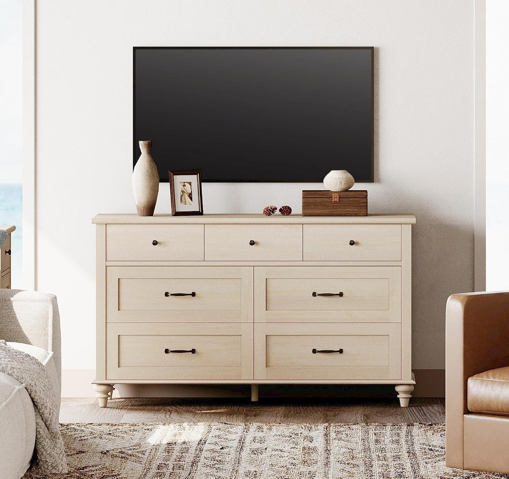 WAMPAT Wide Dresser TV Stand for 65 Inch TV, Light Wood TV Console Table Entertainment Stand with 7 Drawers, Beige Media Storage Cabinet for Living Room Bedroom, 54 Inch