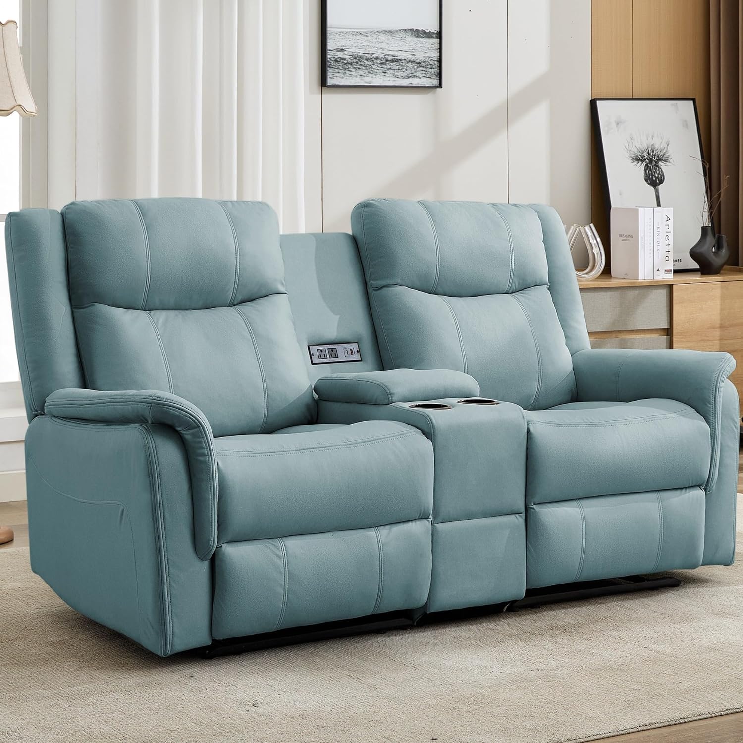 Korser Loveseat Recliner Sofa, Reclining Loveseat Couch, Reclining Couch with Console, USB Port, US Outlets, and Cup Holders, 2-Seater Sofa for Living Room