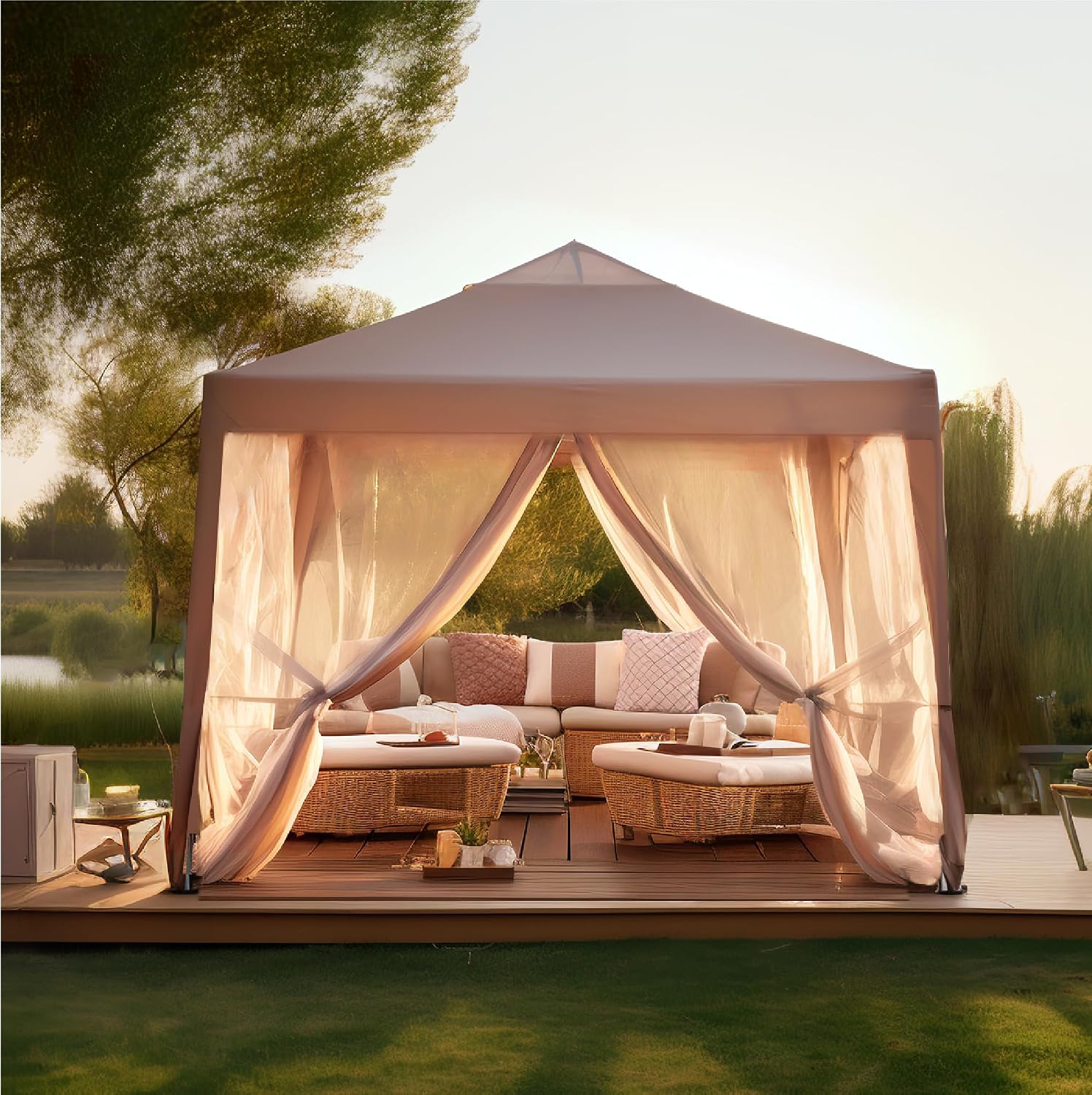 PHI VILLA 10 x 10 Pop Up Canopy Tent with Netting, Instant Gazebo, Ez up Screen House Room with Carry Bag, Height Adjustable, for Outdoor, Garden, Patio,Brown