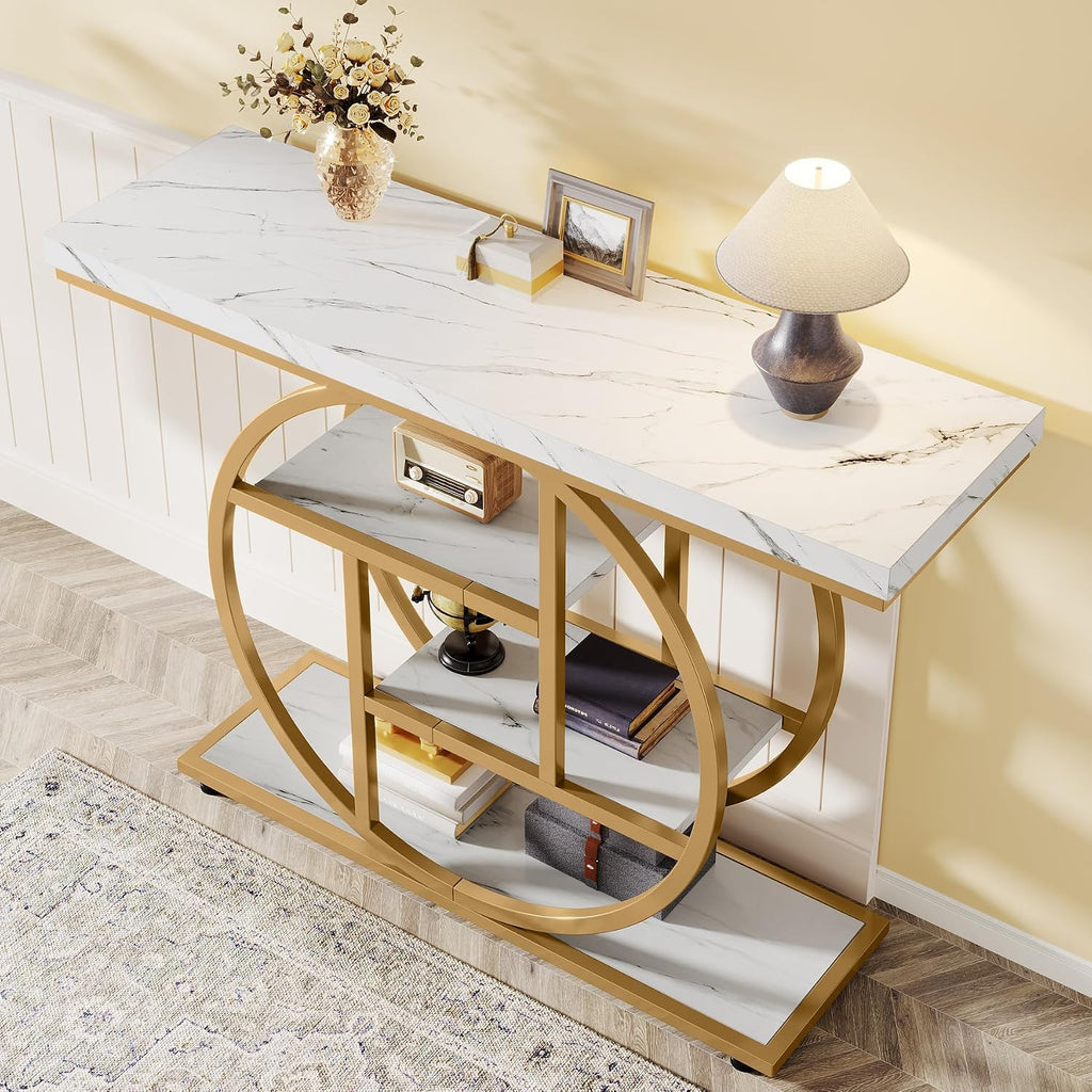 Tribesigns 41.3' Console Table, Industrial 4-Tier Sofa Entryway Table with Circle Base, Narrow Wood Accent Tables with Storage Shelves for Living Room, Hallway, Foyer, White Gold